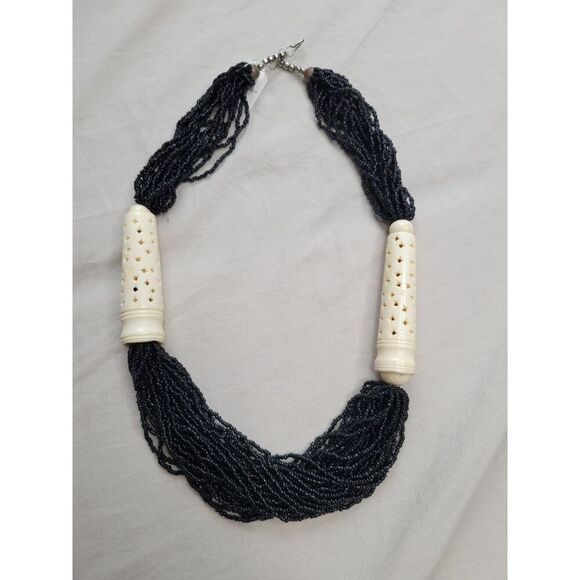 Estate Vintage Black Seed Beads Multi Strand Necklace Carved Unique - Picture 1 of 7